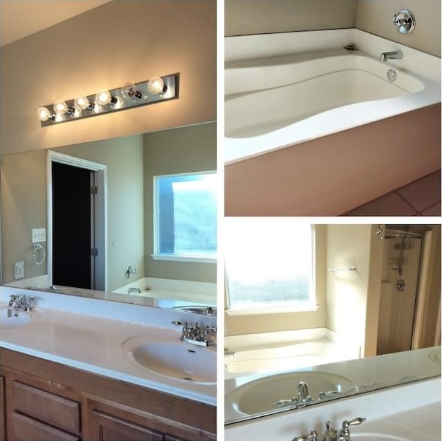 bathroom with vanity and plus walk in shower