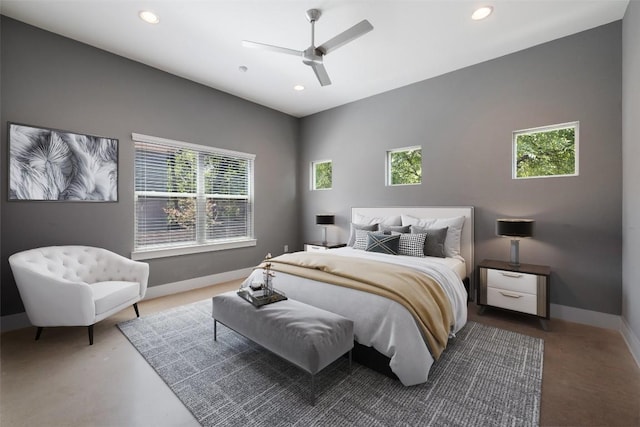 bedroom featuring baseboards, a ceiling fan, and recessed lighting