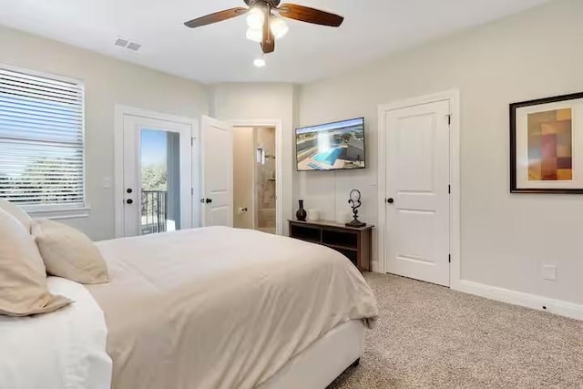 bedroom featuring access to outside, ceiling fan, and light carpet