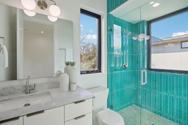 bathroom with vanity, toilet, and a shower with shower door