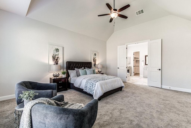 bedroom featuring carpet, high vaulted ceiling, and ceiling fan