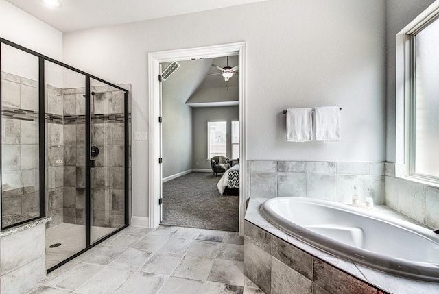 bathroom with separate shower and tub and ceiling fan