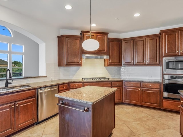 kitchen with appliances with stainless steel finishes, decorative backsplash, a sink, and exhaust hood