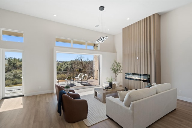 living room featuring plenty of natural light, a fireplace, and light hardwood / wood-style flooring