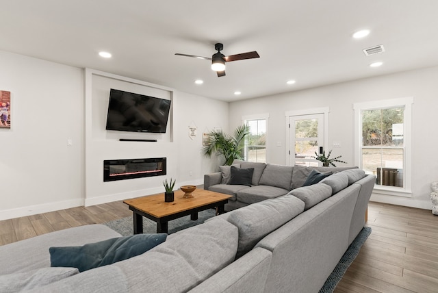 living room with hardwood / wood-style flooring and ceiling fan