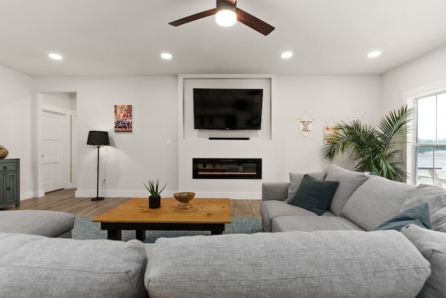 living room featuring wood-type flooring and ceiling fan