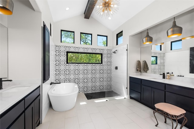 bathroom with vaulted ceiling with beams, tile walls, vanity, and an inviting chandelier