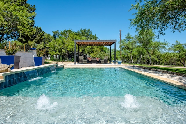 view of swimming pool with pool water feature and a patio