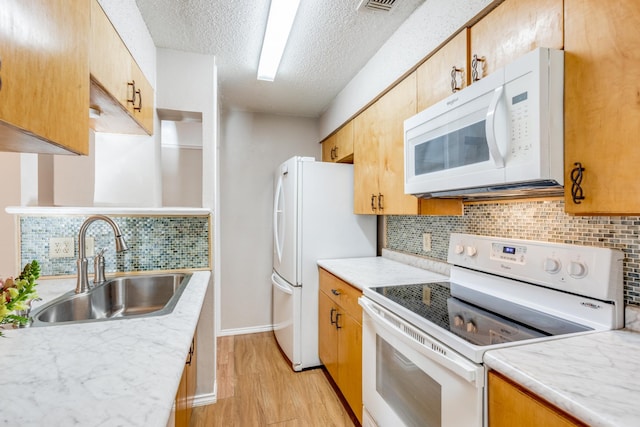 kitchen featuring backsplash, sink, white appliances, and light hardwood / wood-style floors