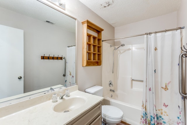 full bathroom featuring a textured ceiling, toilet, shower / bathtub combination with curtain, and vanity