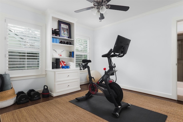 exercise room with a ceiling fan, crown molding, baseboards, and wood finished floors