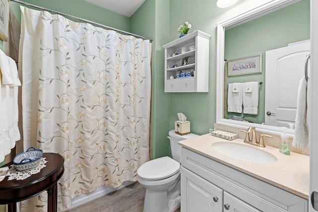 bathroom featuring toilet, vanity, and wood-type flooring