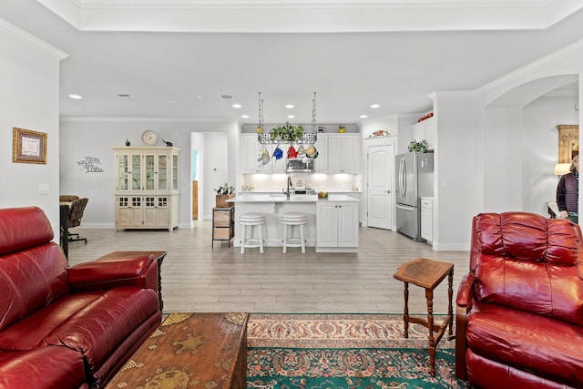 living room with sink and crown molding