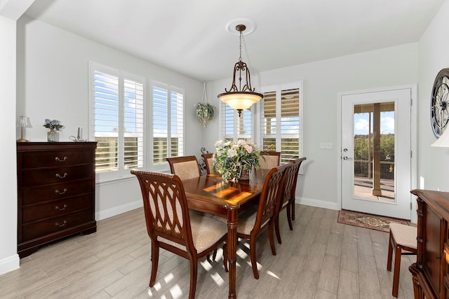 dining area featuring a healthy amount of sunlight and light hardwood / wood-style flooring