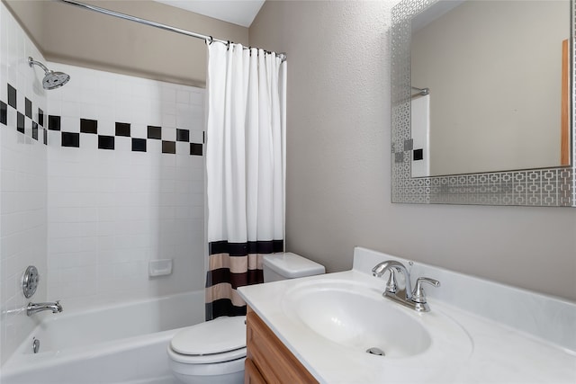 full bathroom featuring toilet, vanity, and shower / bath combination with curtain