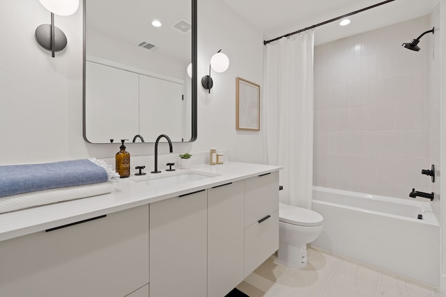 full bathroom with toilet, tile patterned flooring, shower / bath combination with curtain, and vanity