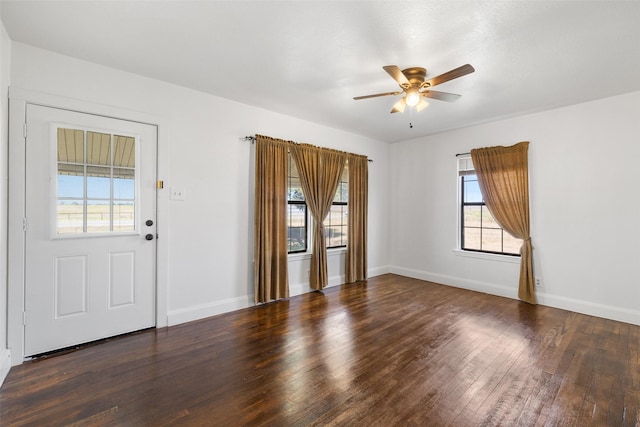 entrance foyer with ceiling fan and dark hardwood / wood-style floors