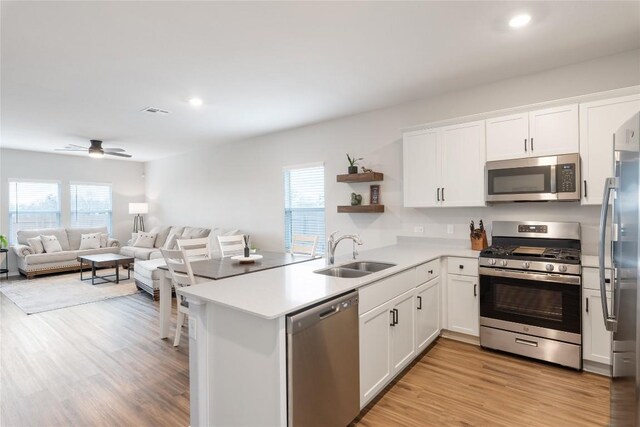 kitchen featuring stainless steel appliances, sink, white cabinets, light hardwood / wood-style floors, and kitchen peninsula