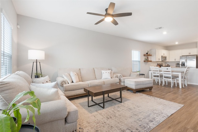 living room featuring ceiling fan, light hardwood / wood-style floors, and a healthy amount of sunlight