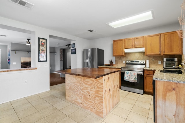 kitchen with stainless steel appliances, ceiling fan, butcher block countertops, sink, and backsplash