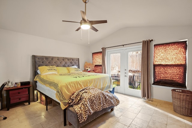 bedroom with lofted ceiling, ceiling fan, french doors, and access to exterior