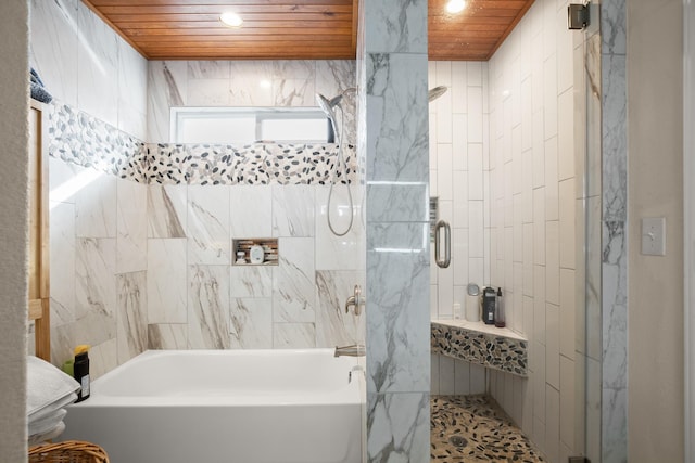 bathroom featuring plus walk in shower and wooden ceiling