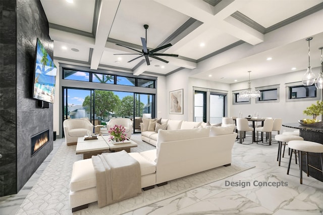 living room with beamed ceiling, a fireplace, ceiling fan, and coffered ceiling