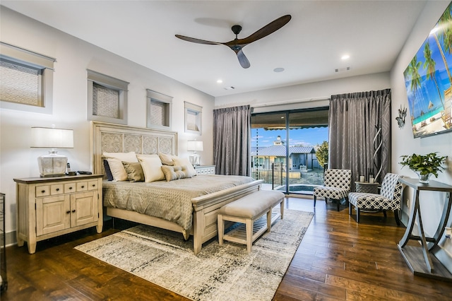 bedroom with access to outside, dark wood-type flooring, and ceiling fan