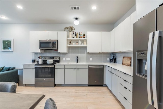 kitchen featuring stainless steel appliances, white cabinets, and decorative backsplash