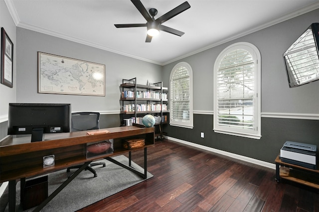 home office featuring ceiling fan, crown molding, and dark wood-type flooring