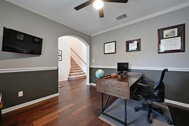 office area featuring dark wood-type flooring, ceiling fan, and crown molding