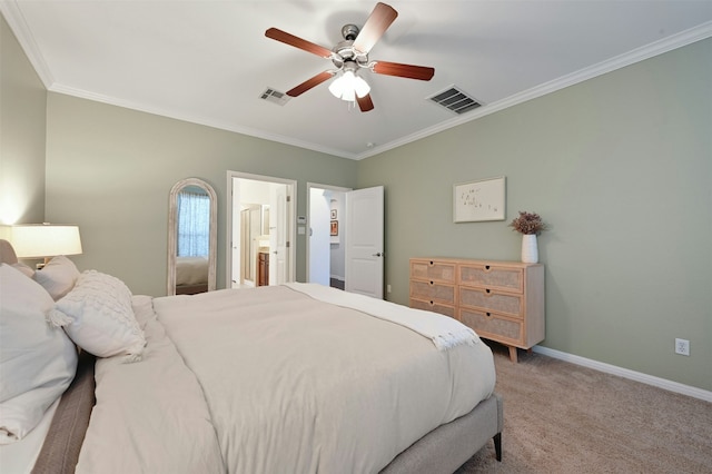 bedroom with connected bathroom, ceiling fan, carpet, and crown molding