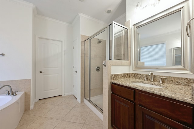 bathroom featuring crown molding, plus walk in shower, tile patterned floors, and vanity