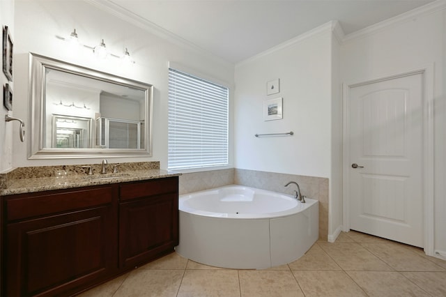 bathroom with vanity, crown molding, tile patterned floors, and shower with separate bathtub