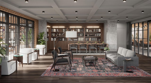 interior space featuring coffered ceiling, hardwood / wood-style floors, built in features, and beam ceiling