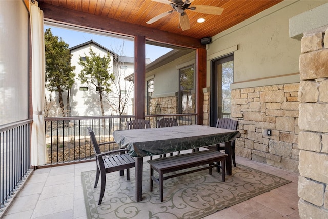 sunroom / solarium featuring ceiling fan and wood ceiling