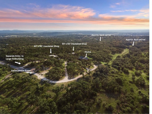 view of aerial view at dusk