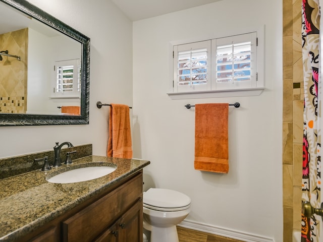 bathroom with vanity, toilet, and walk in shower