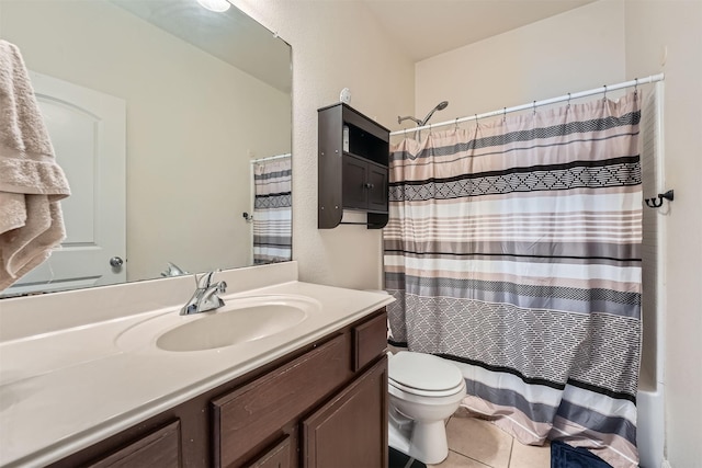 full bathroom with tile patterned flooring, shower / bath combination with curtain, vanity, and toilet