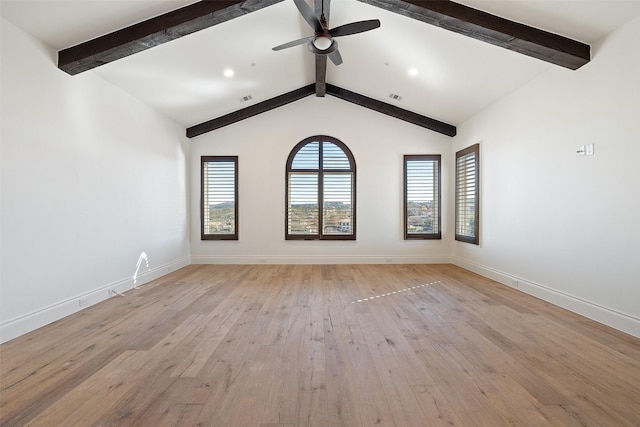 unfurnished room with light wood-type flooring, ceiling fan, and lofted ceiling with beams