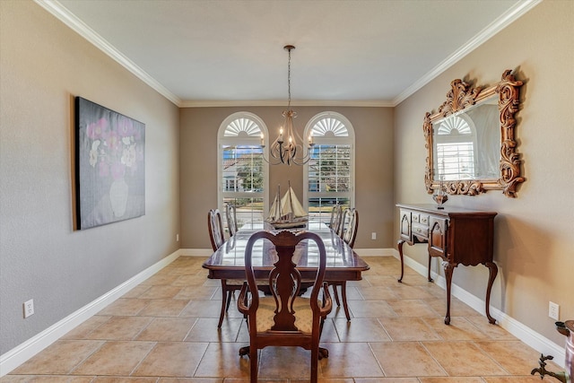 dining room with light tile patterned floors, a notable chandelier, and ornamental molding