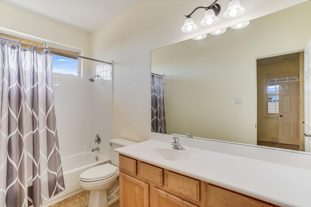 full bathroom featuring toilet, shower / tub combo, tile patterned flooring, and vanity