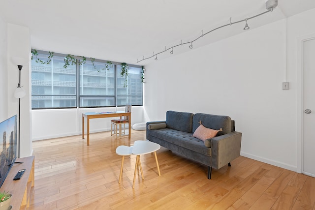 living area featuring track lighting and wood-type flooring