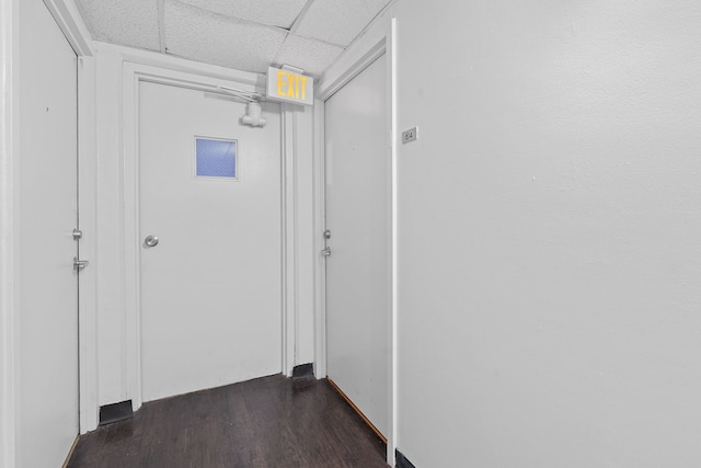 hallway with a drop ceiling and dark wood-type flooring