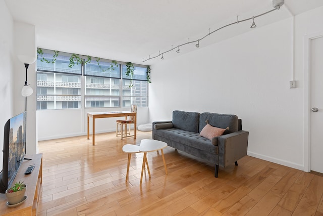 living room with light wood-type flooring and track lighting