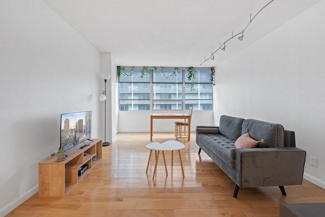 living area with light hardwood / wood-style floors and track lighting