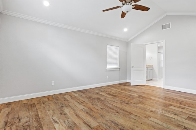 spare room featuring high vaulted ceiling, ceiling fan, light hardwood / wood-style floors, and crown molding