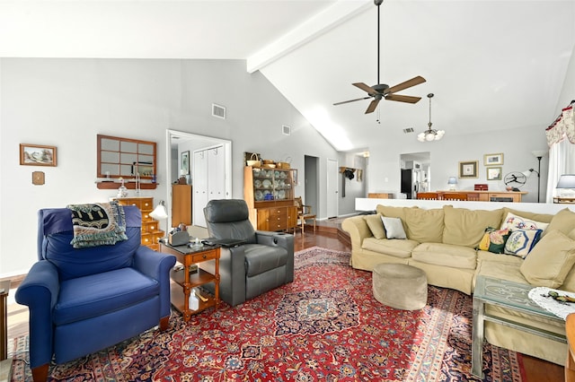 living room featuring beam ceiling, hardwood / wood-style floors, high vaulted ceiling, and ceiling fan with notable chandelier