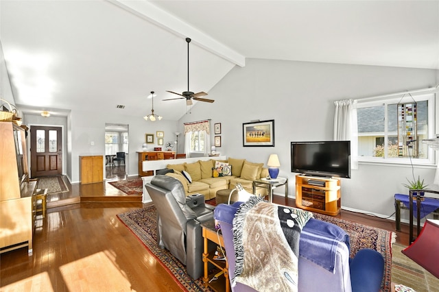 living room with wood-type flooring, ceiling fan, and vaulted ceiling with beams