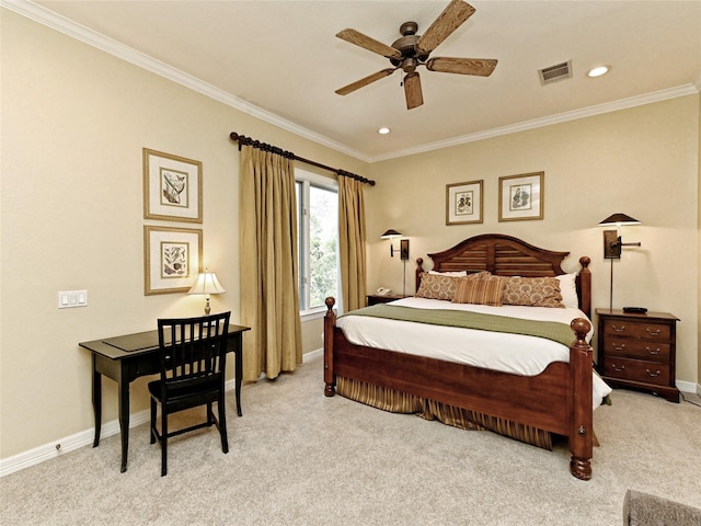 bedroom with ceiling fan, crown molding, and light colored carpet